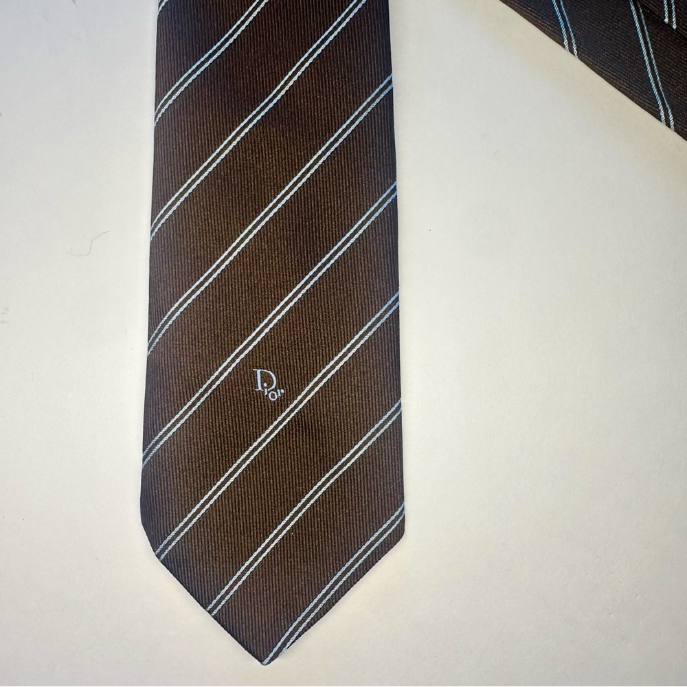 Vintage DIOR Embroidered Signature Brown Diagonal Striped Classic Tie, 3.25” - Picture 3 of 5